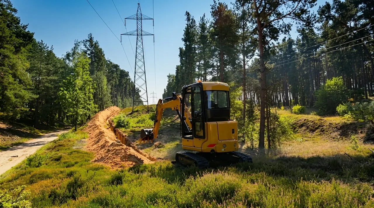 Mini excavator during earthworks for a network build